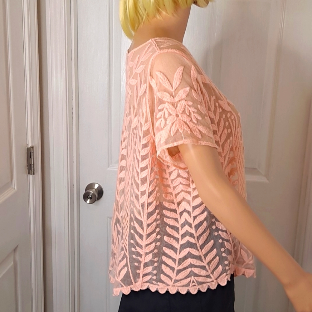 Pink Lace Floral Mesh Crew-Neck See-Through Top by Xhilaration - Picture 4 of 7